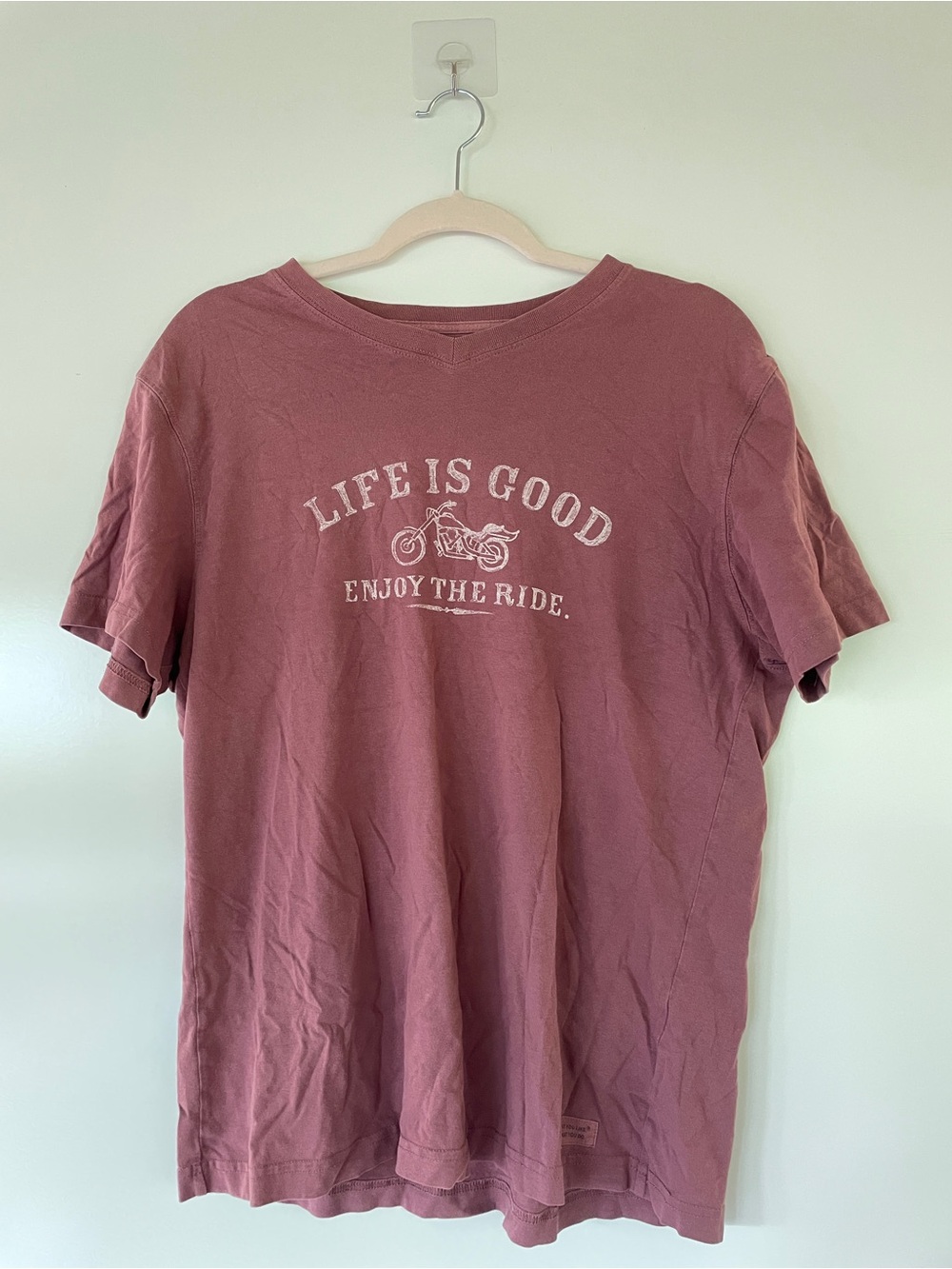 Life Is Good Mauve/Pink Short Sleeve Tee with Motorcycle Graphic